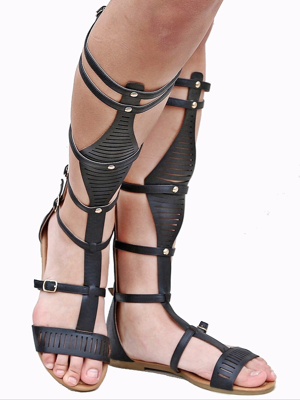 Black Strappy Gladiator Knee-High Sandals